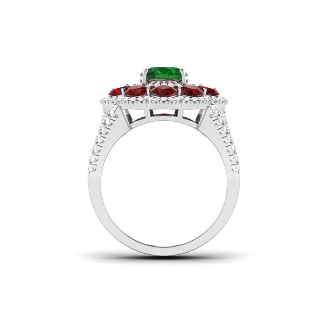 Emerald Blossom: 1.5 Carat Round Emerald Floral Ring with Ruby and Diamond Accents in 18k Gold - Image 2