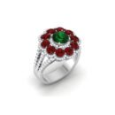Emerald Blossom: 1.5 Carat Round Emerald Floral Ring with Ruby and Diamond Accents in 18k Gold