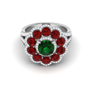 Emerald Blossom: 1.5 Carat Round Emerald Floral Ring with Ruby and Diamond Accents in 18k Gold