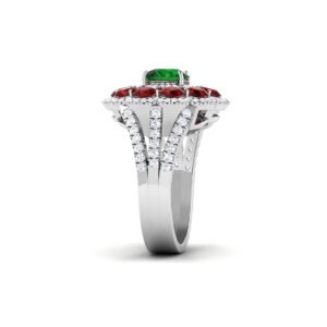 Emerald Blossom: 1.5 Carat Round Emerald Floral Ring with Ruby and Diamond Accents in 18k Gold