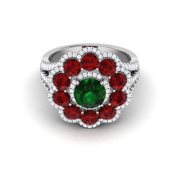 Emerald Blossom: 1.5 Carat Round Emerald Floral Ring with Ruby and Diamond Accents in 18k Gold