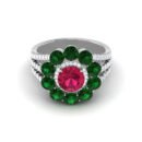 Ruby Elegance: 1.7 Carat Round Ruby Floral Ring with Emerald and Diamond Accents in 18k Gold