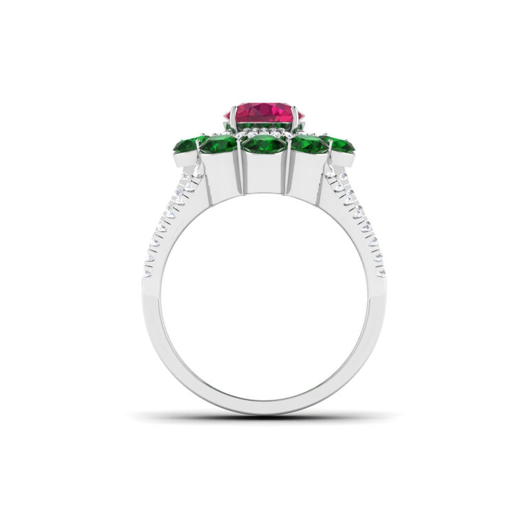 Ruby Elegance: 1.7 Carat Round Ruby Floral Ring with Emerald and Diamond Accents in 18k Gold