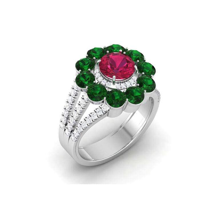 Ruby Elegance: 1.7 Carat Round Ruby Floral Ring with Emerald and Diamond Accents in 18k Gold