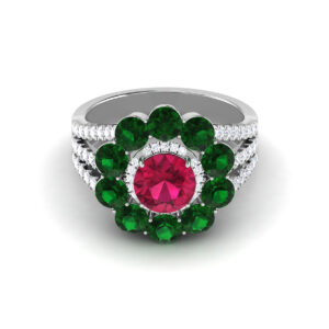 Ruby Elegance: 1.7 Carat Round Ruby Floral Ring with Emerald and Diamond Accents in 18k Gold