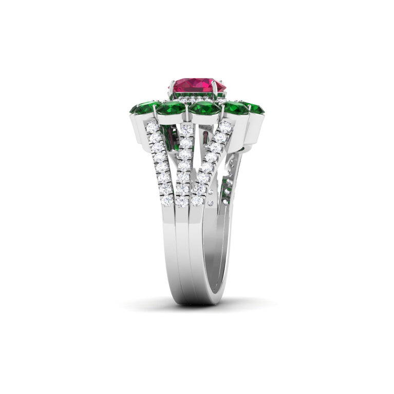 Ruby Elegance: 1.7 Carat Round Ruby Floral Ring with Emerald and Diamond Accents in 18k Gold