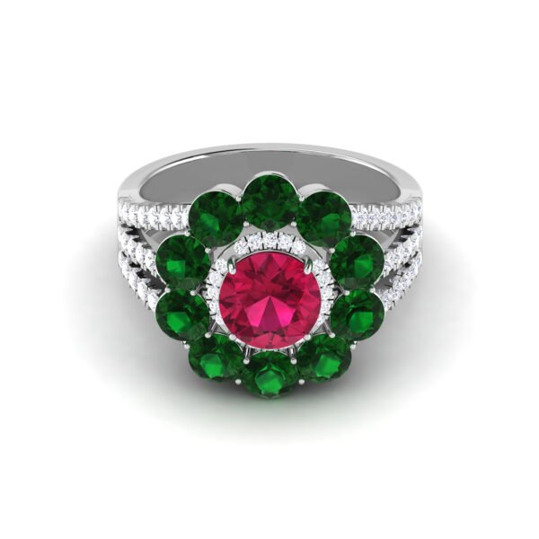Ruby Elegance: 1.7 Carat Round Ruby Floral Ring with Emerald and Diamond Accents in 18k Gold