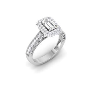 Opulent Sparkle: 18k Gold Emerald-Cut Diamond Engagement Ring with Glittering Accents