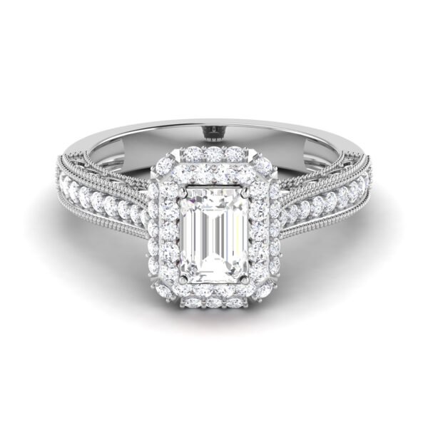 Opulent Sparkle: 18k Gold Emerald-Cut Diamond Ring with Glittering Accents