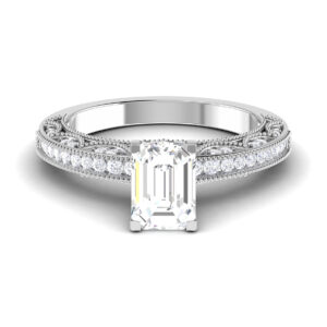 Radiant Royalty: 18k Gold Emerald-Cut Diamond Ring with Diamond Accents