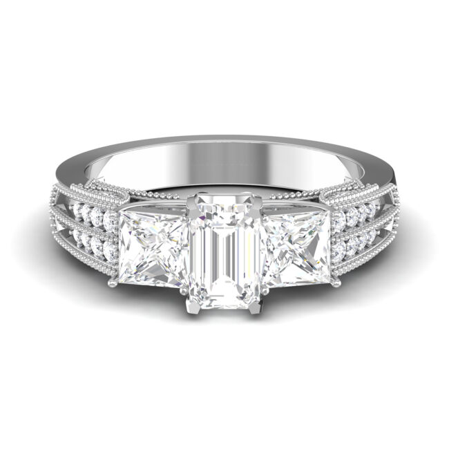 Glamorous Treasures: Emerald-Cut Diamond Ring with Accented Diamonds in 18k Gold