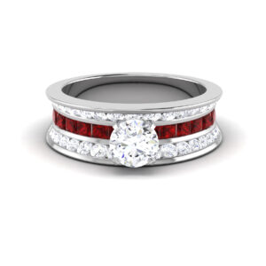 Regal Symphony: 1 Carat Diamond Ring with Princess Cut Rubies, Majestic Harmony in 18k Gold