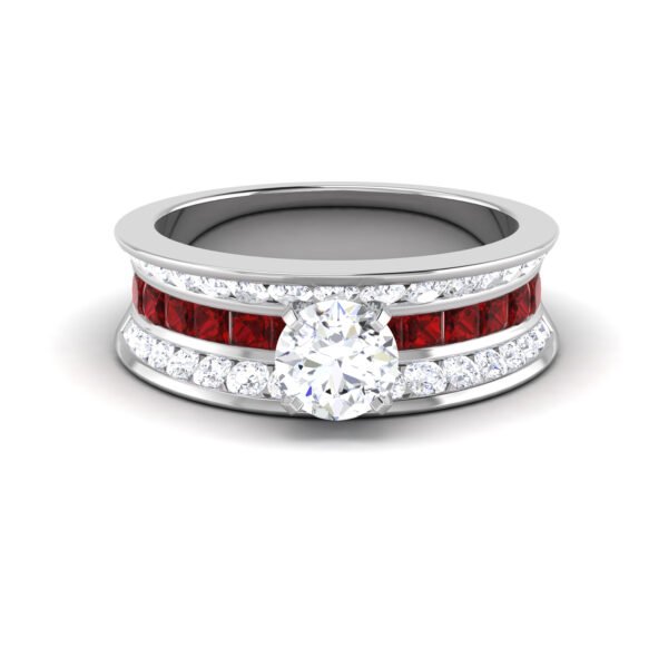 Regal Symphony: 1 Carat Diamond Ring with Princess Cut Rubies, Majestic Harmony in 18k Gold