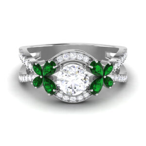 Blooming Splendor: 0.8 Carat Diamond Ring with Floral Emerald Petals, Nature's Delight in 18k Gold