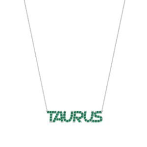 Taurus Zodiac Name Necklace with May Birthstone Emerald