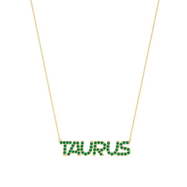 Taurus Zodiac Name Necklace with May Birthstone Emerald