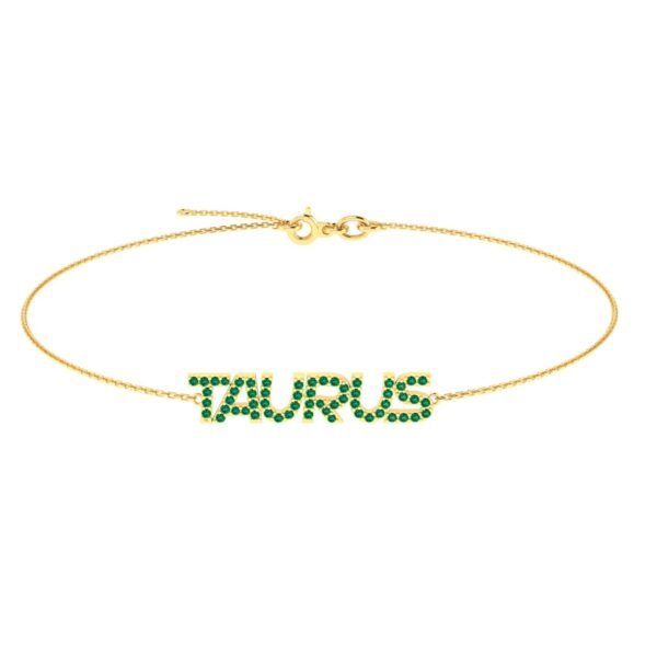 Taurus Zodiac Name Bracelet with May Birthstone Emerald