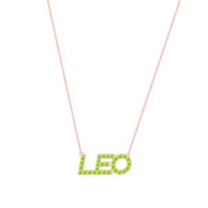 Leo Zodiac Name Necklace with August Birthstone Peridot