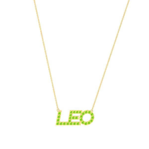 Leo Zodiac Name Necklace with August Birthstone Peridot