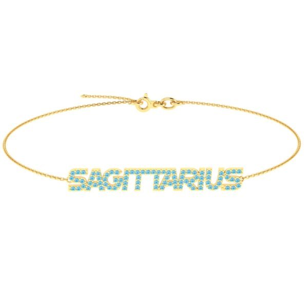 Sagittarius Zodiac Name Bracelet with December Birthstone Blue Topaz