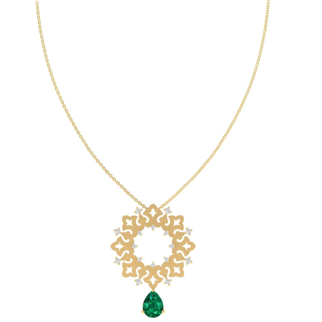 Sheikh Zayed Mosque Majesty Necklace: Emerald and Diamond Pendant Inspired by the Chandelier