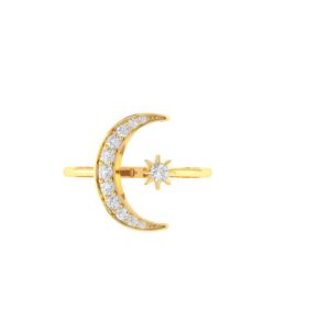 18K Gold Crescent Moon Ring with Sparkling Diamonds and a Dazzling Star Design