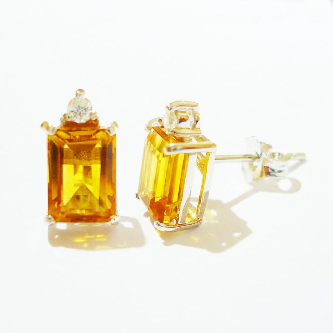 Citrine One Diamond Emerald-cut Earrings in 18K White Gold