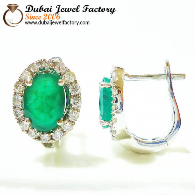 Diana 18K White Gold Halos Style Oval Emerald Earrings