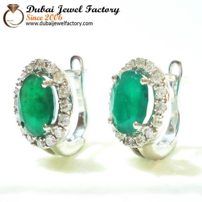 Diana 18K White Gold Halos Style Oval Emerald Earrings