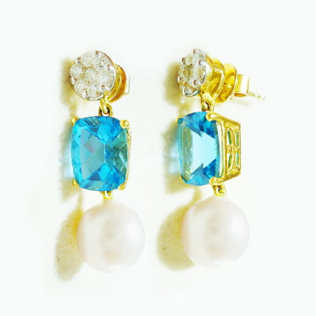 Blue Topaz Pearl Diamonds Dangle Earrings in 18K Gold