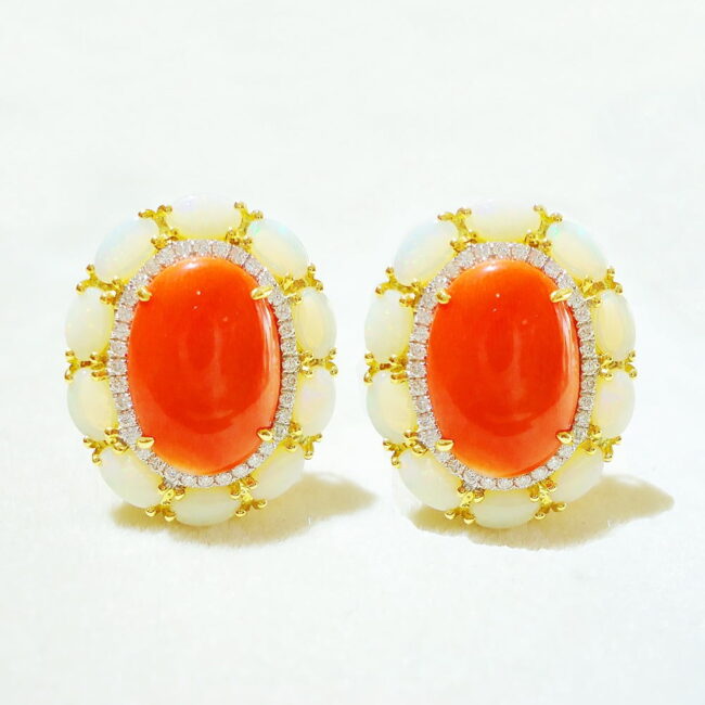 Red Coral Opal French Back Earrings in 18K Gold