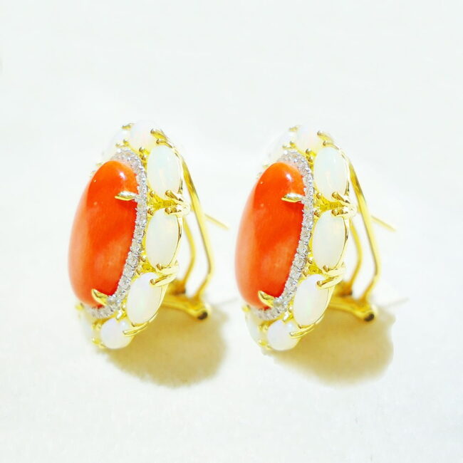 Red Coral Opal French Back Earrings in 18K Gold