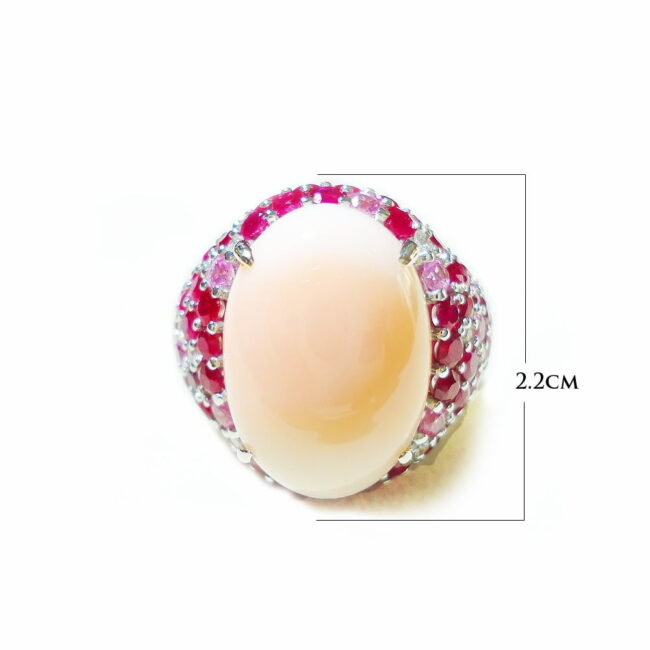 Coral Ruby Diamonds Big Ring in 18K White Gold