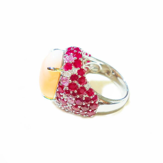 Coral Ruby Diamonds Big Ring in 18K White Gold