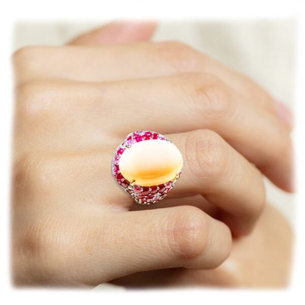 Coral Ruby Diamonds Big Ring in 18K White Gold