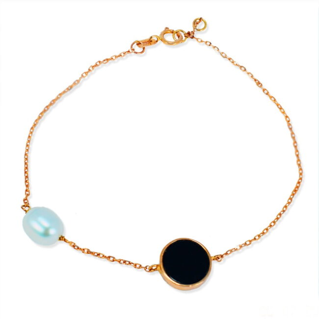 Black Onyx Pearl Two Stone Bracelet in 18K Rose Gold