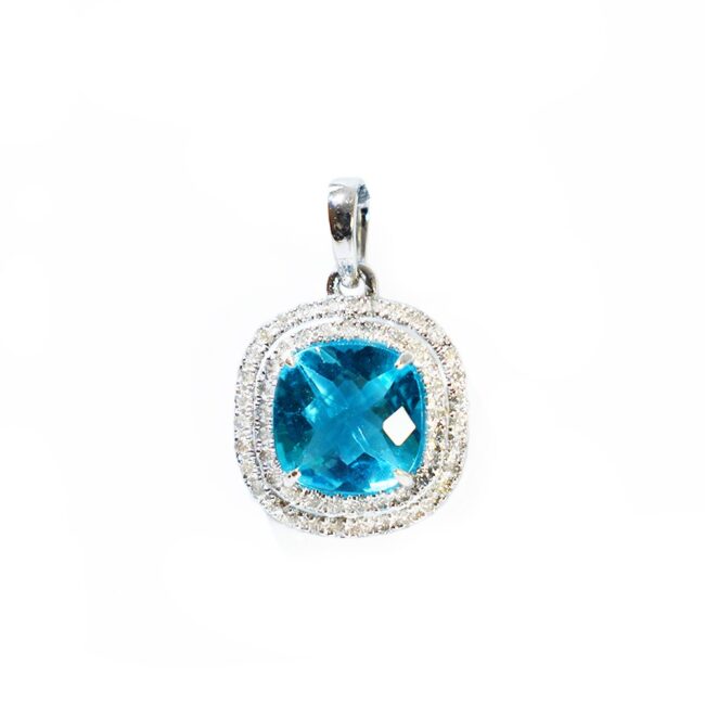 Blue Topaz Diamonds Cushion-cut Pendant in 18K White Gold