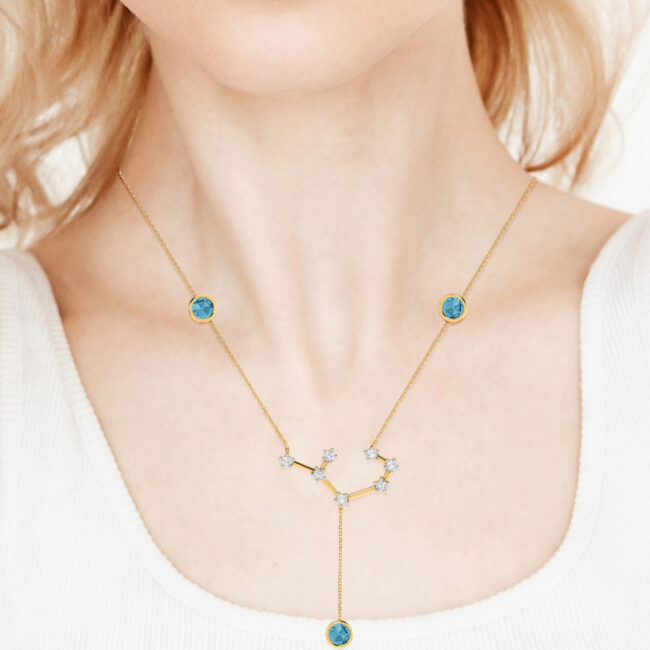 Sagittarius Constellations Necklace with 0.9 ct Blue Topaz and 0.1 ct Diamond in 18K Gold