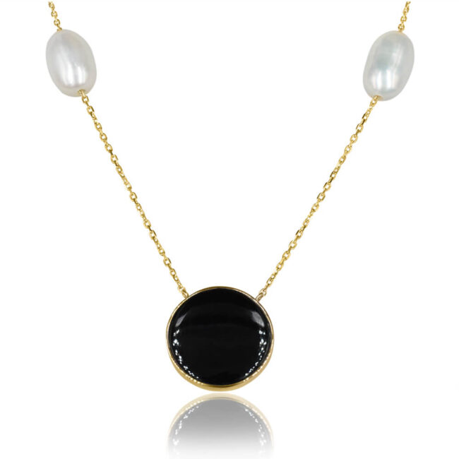 Black Onyx Necklace in 18K Yellow Gold with Pearls