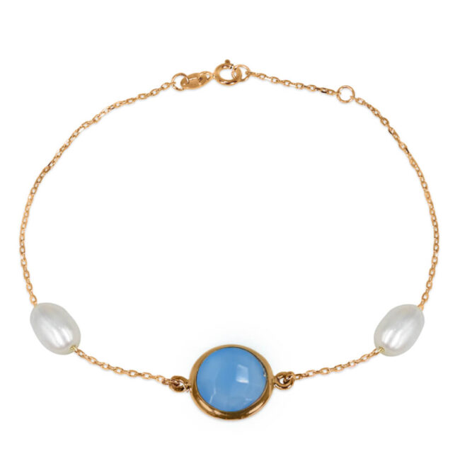 Blue Onyx Bracelet with Two Pearls in 18K Yellow Gold