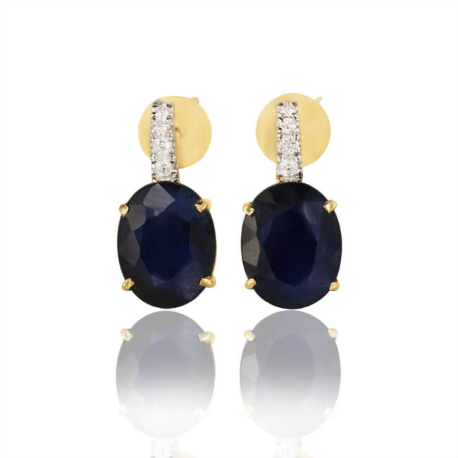 Blue Sapphire Earrings with Four Diamonds in 18K Yellow Gold