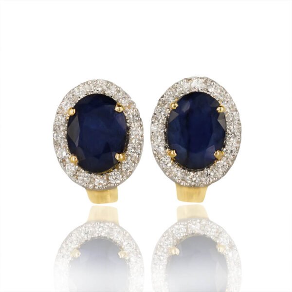 Blue Sapphire Halo Style Oval Earrings with Diamonds in 18K Yellow Gold