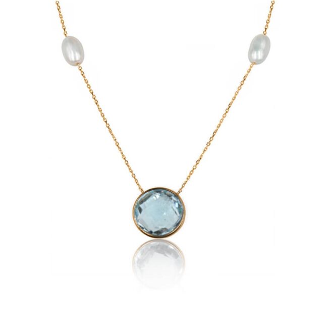 Blue Topaz Necklace with Pearl in 18K Yellow Gold