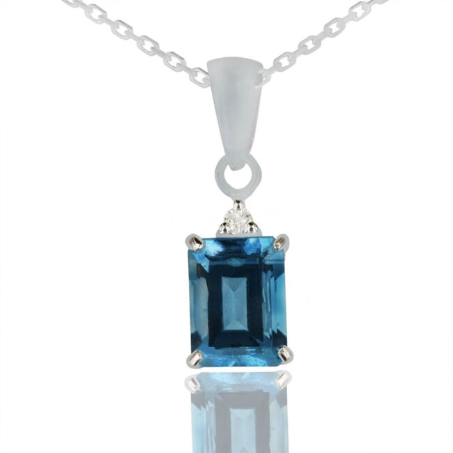 Blue Topaz Pendant with One Diamond in 18K White Gold