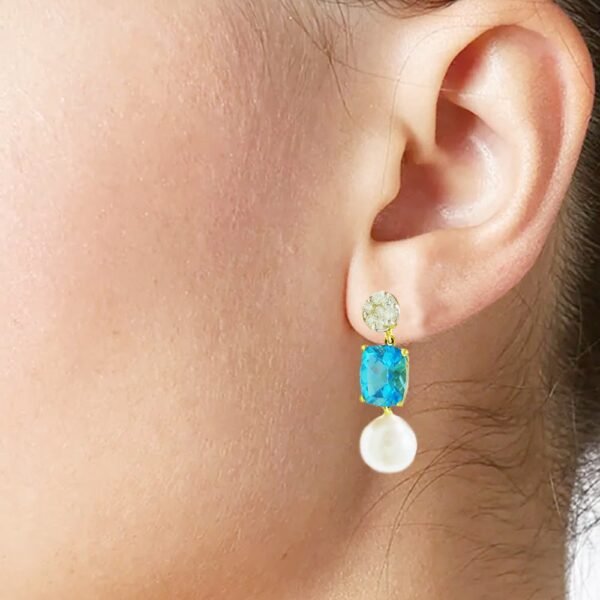 Blue Topaz Pearl Diamonds Dangle Earrings in 18K Gold