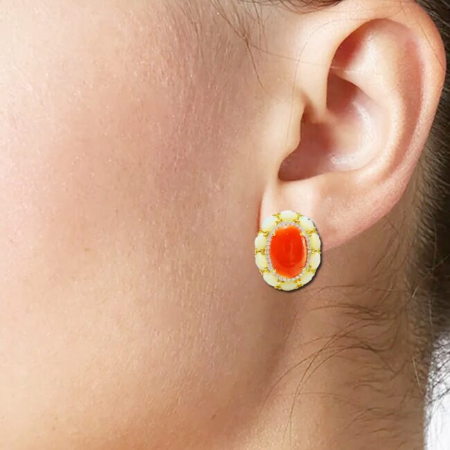 Red Coral Opal French Back Earrings in 18K Gold