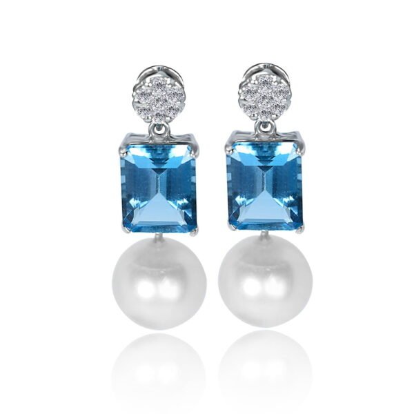 Blue Topaz, Pearl Diamonds Dangle Earrings in 18K White Gold - Image 2