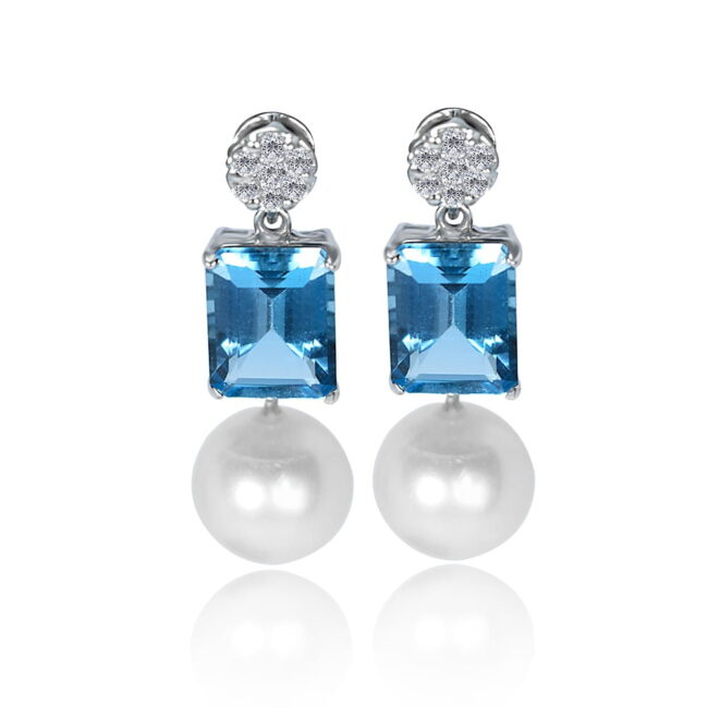 Blue Topaz, Pearl Diamonds Dangle Earrings in 18K White Gold