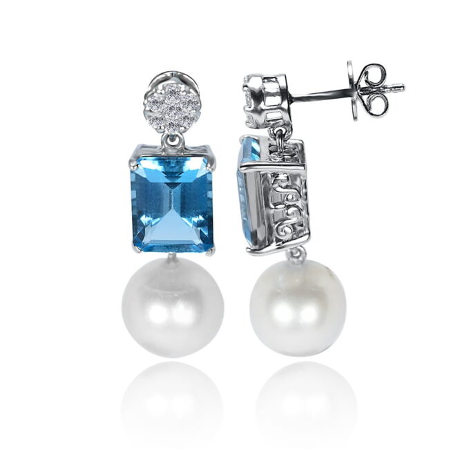 Blue Topaz, Pearl Diamonds Dangle Earrings in 18K White Gold