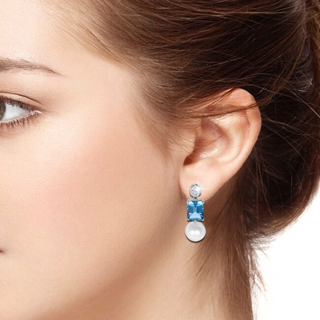 Blue Topaz, Pearl Diamonds Dangle Earrings in 18K White Gold